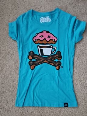Johnny Cupcakes Turquoise Tee with Pink Donut & Brown Crossbones Coffee